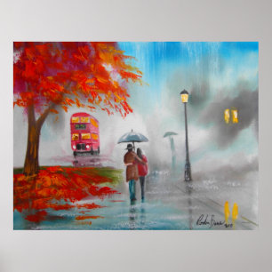 Herbstfall Regentag Rotes Buspaar Poster