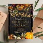 Herbstfall rustikale Blumenchic 80 fabelhafte Jahr Einladung<br><div class="desc">Schöne rostige Orange- und dunkelbordeauxfarbene Herbst-Blume und Kürbis-Ränder mit Streichern aus goldfarbenem,  rosafarbenem,  dunkelbraunem Holzboden machen eine charmante,  elegante 80-jährige Geburtstagsfeier mit einer modischen handgeschriebenen Goldtypografie-Schrift.           Einfach mit Ihren Daten personalisieren! Geeignet für traditionelle rustikale| Land| Bauernhof| Ansammlungen im Freien im Hinterhof und im Freien.</div>
