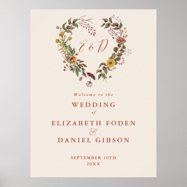 Herbstfall Rustikale Blumenhochzeit Begrüßungszeic Poster (Vorne)