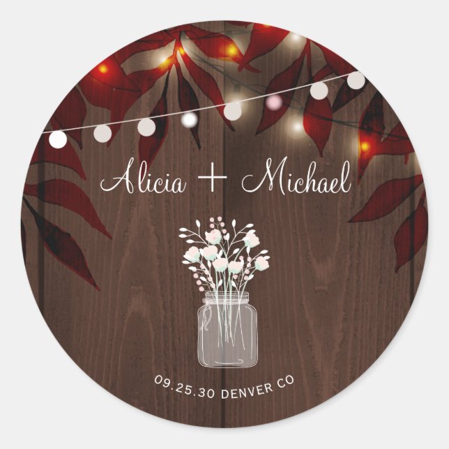 Herbstfall rustikale Stallenholz Hochzeit Runder Aufkleber (Vorderseite)