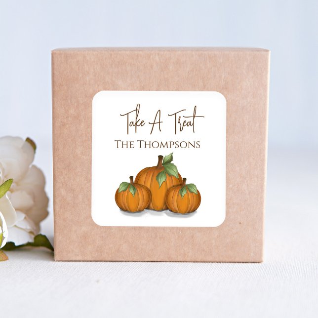 Herbstfall Wasserfarbe Pumpkin Ernte Leckerei Quadratischer Aufkleber (Take a treat Autumn pumpkin harvest square stickers. )