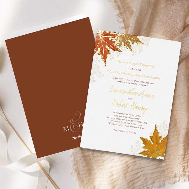 Herbstfall Wasserfarben Blätter Hochzeit maßgeschn Folieneinladung (Fall Autumn leaves real gold foil wedding invitation template.)