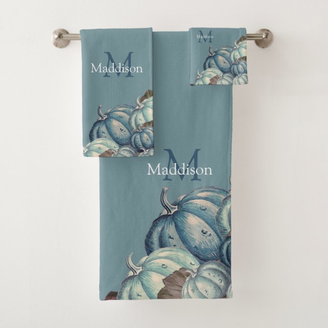Herbstfall Wasserfarbenkürbis Rustikales Dusty Blu Badhandtuch Set (Insitu)