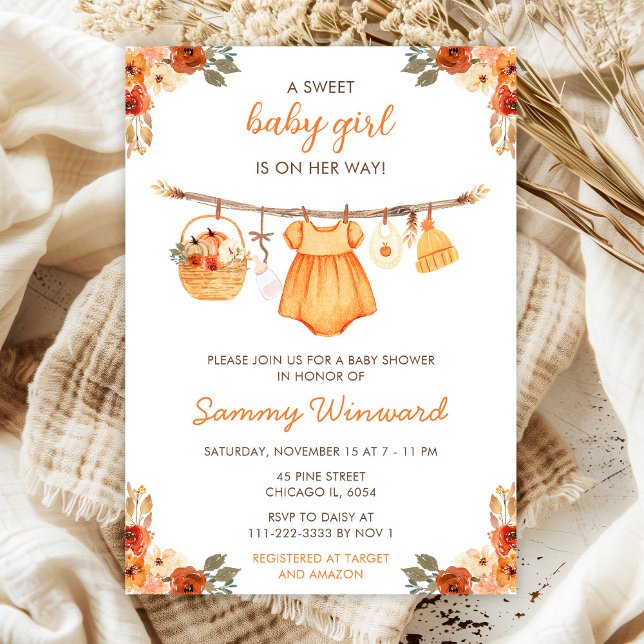Herbstfallen Kleidung Linie Girl Babydusche Einladung (Von Creator hochgeladen)