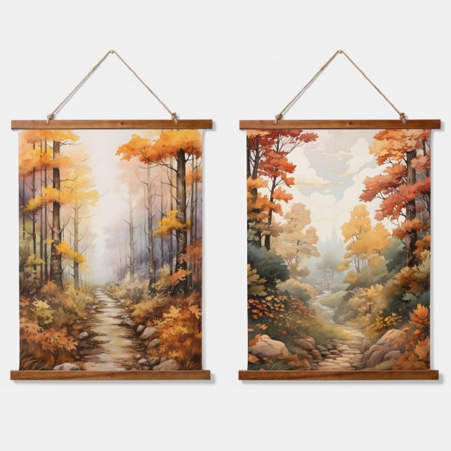 Herbstfarben auf dem Waldbaumweg Wandteppich Mit Holzrahmen (Doppelt)