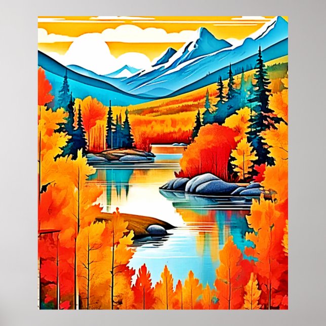 Herbstfarben Aussicht auf Berge Poster (Vorne)