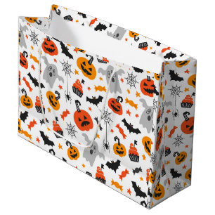 Herbstfarben Halloween-Symbole auf Weiß Große Geschenktüte