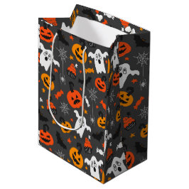 Herbstfarben Halloween-Symbolmuster auf dunkelgrau Mittlere Geschenktüte