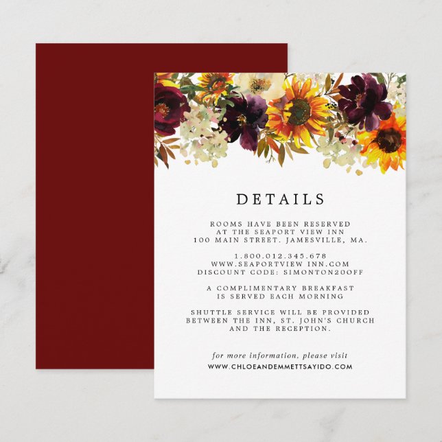 Herbstfarben Sonnenblumen Hochzeitshauptgastdetail Begleitkarte (Vorne/Hinten)