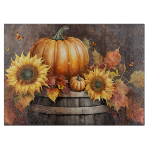 Herbstfarbene Sonnenblumen ernten Pumpkins Schneidebrett