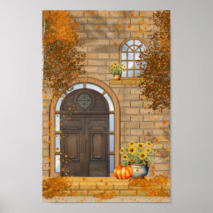 Herbstfenster und Herbstlaub an der Vordertür Poster