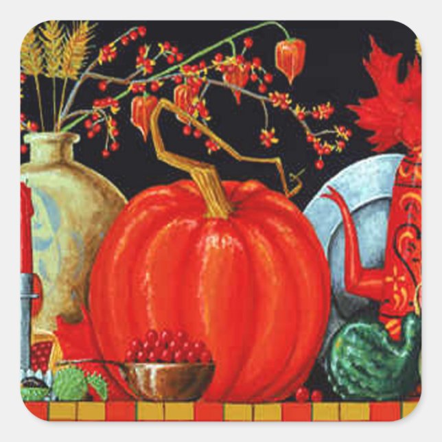 Herbstfestliche antike Malerei Pumpkin Dekoration Quadratischer Aufkleber (Vorderseite)