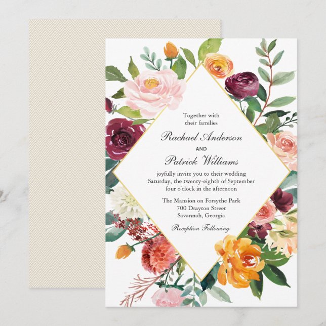 Herbstfloral Diamant Rahmen Hochzeitseinladung Einladung (Vorne/Hinten)