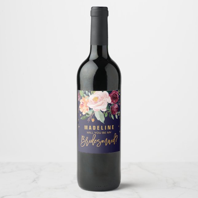 Herbstfloral: Du bist meine Bridesmaid Weinetikett (Vorderseite)