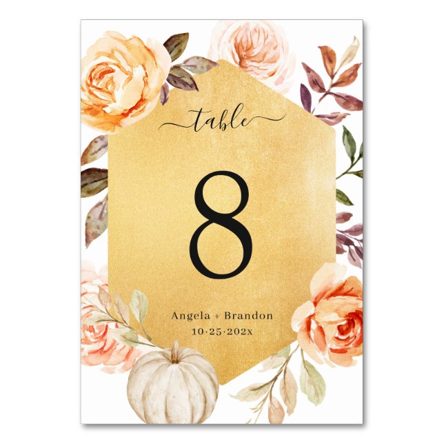 Herbstfloral Luxurious Gold Look Hochzeit im Herbs Tischnummer (Vorderseite)