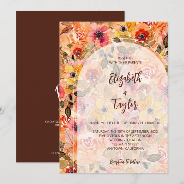 Herbstflorale Collage in einer Hochzeit Einladunge Einladung (Vorne/Hinten)