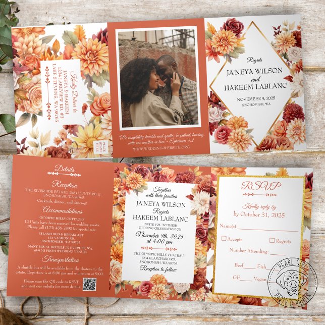 Herbstflorale Hochzeit Einladung Tri-Fold (Von Creator hochgeladen)