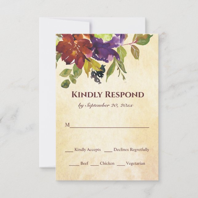 Herbstflorale Lila Burnt Orange Yellow Wedding R RSVP Karte (Vorderseite)