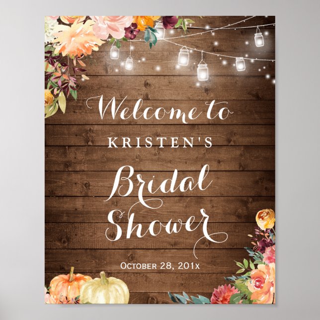 Herbstflorale Mason Jar Lights Brautparty Zeichen Poster (Vorne)