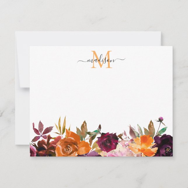 Herbstflorale Rose Burgundy Lila Gold Monogram Mitteilungskarte (Vorderseite)