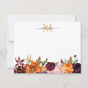 Herbstflorale Rose Burgundy Lila Gold Monogram Mitteilungskarte
