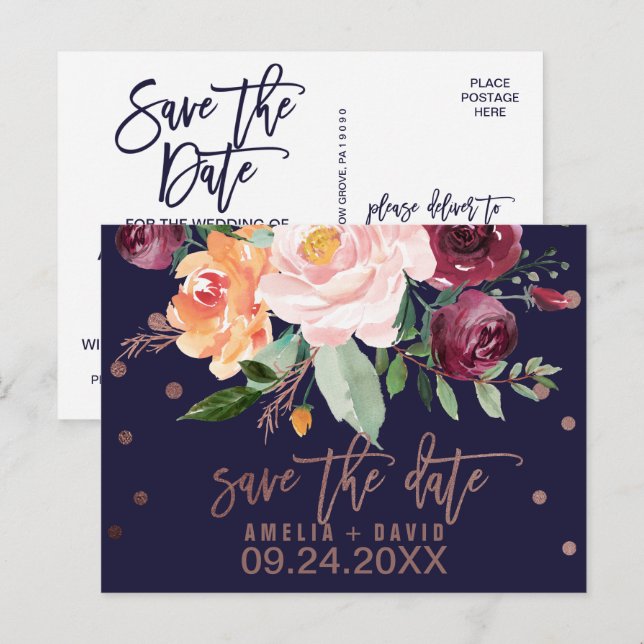 Herbstflorale Rose Gold Save the Date Ankündigungspostkarte (Vorne/Hinten)