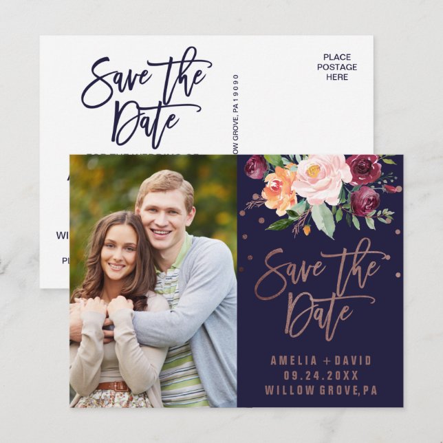 Herbstflorale Rose Gold Save the Date Foto Ankündigungspostkarte (Vorne/Hinten)