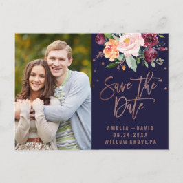 Herbstflorale Rose Gold Save the Date Foto Ankündigungspostkarte