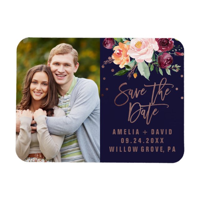 Herbstflorale Rose Gold Save the Date Foto Magnet (Horizontal)