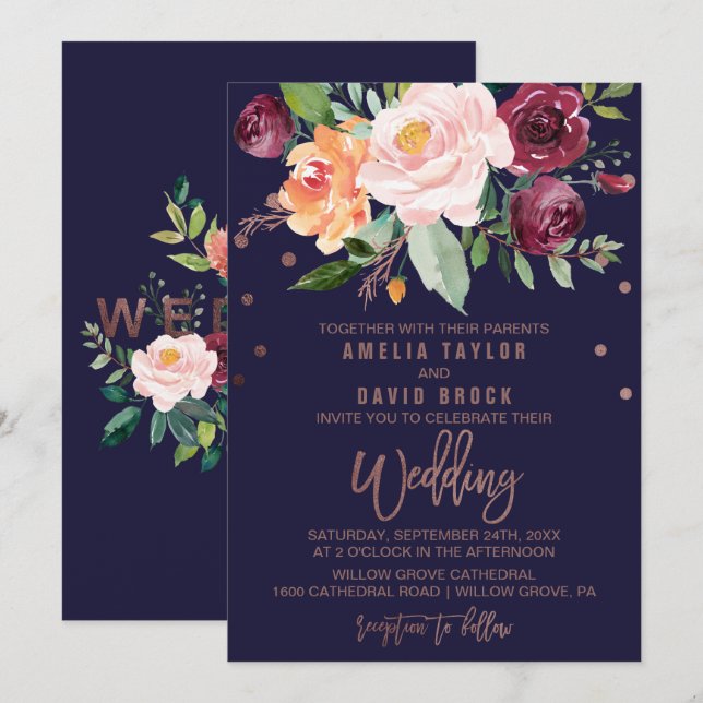 Herbstflorale Rose Goldtypografie-Hochzeit Einladung (Vorne/Hinten)