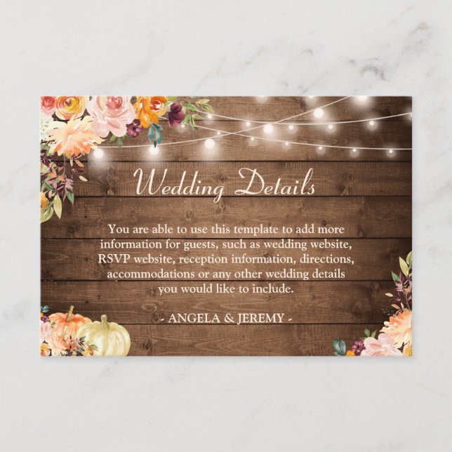 Herbstflorale Saitenlichter rustikale Hochzeitdeta Begleitkarte (Vorderseite)