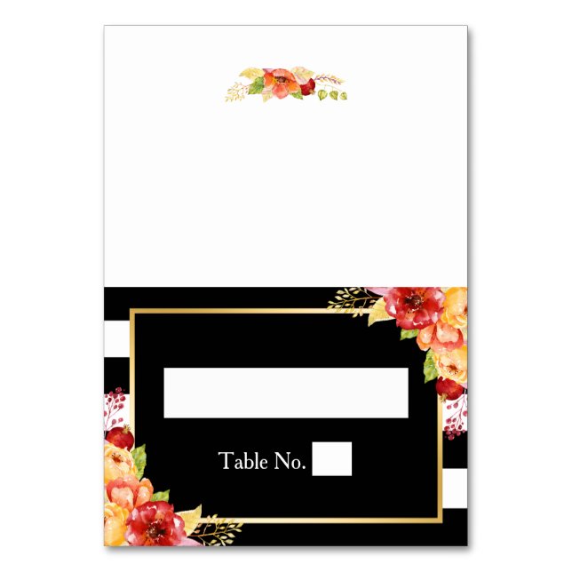 Herbstflorale Schwarz-weiße Streifen Hochzeitsplat Tischnummer (Vorderseite)