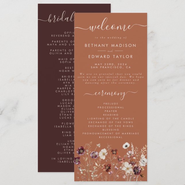 Herbstflorale Terracotta Hochzeit Programm (Vorne/Hinten)