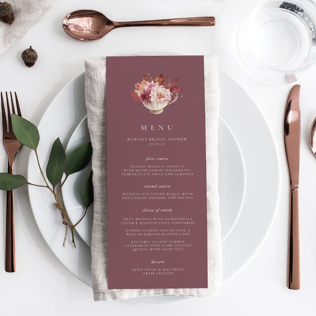 Herbstfloraler Teacup Herbst Brautparty Menükarte (Von Creator hochgeladen)