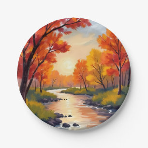 Herbstfluss Wasserfarben Herbstlaub Natur Pappteller