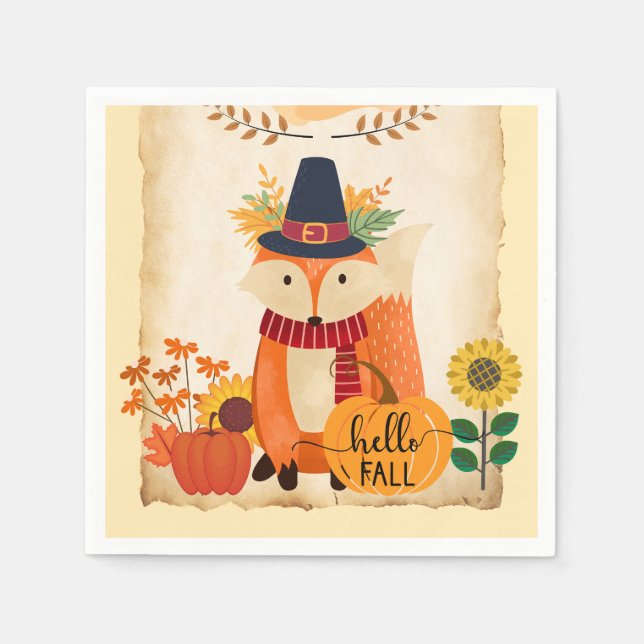 Herbstfox Hallo Fall Sonnenblumen Pumpkins Serviette (Vorderseite)