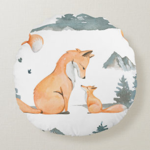 Herbstfox. Handgemalte Aquarelltafel Rundes Kissen