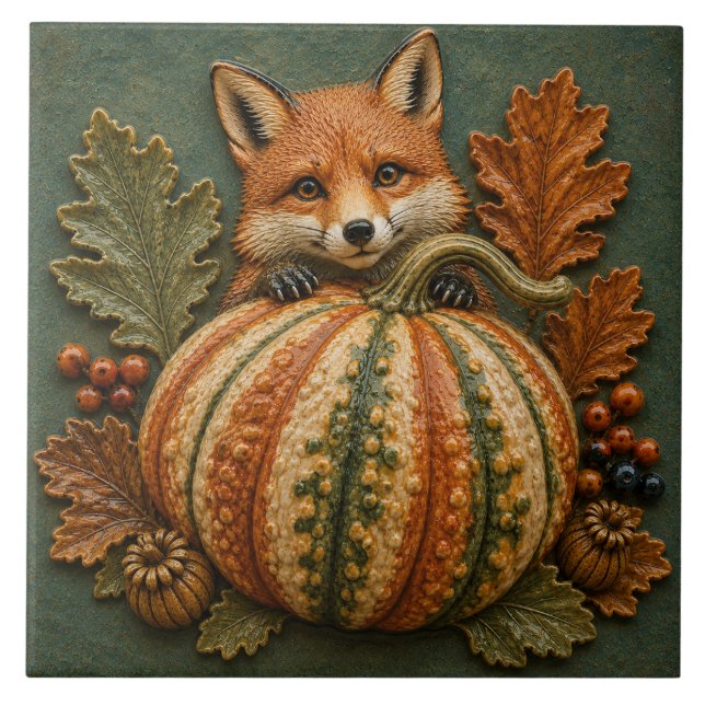 Herbstfuchs und Kürbis-Waldernte Fliese (Vorderseite)