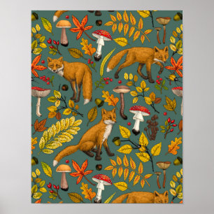 Herbstfüchse auf kiefern Grün Poster