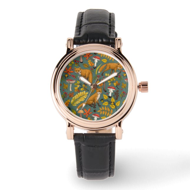 Herbstfüchse auf Kieferngrün Armbanduhr (Vorderseite)