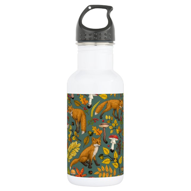 Herbstfüchse auf Kieferngrün Edelstahlflasche (Vorderseite)