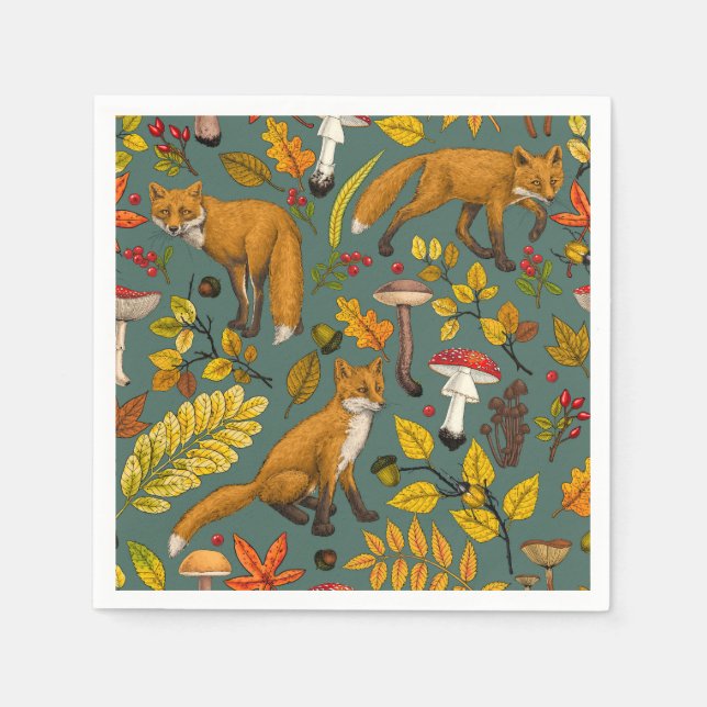 Herbstfüchse auf Kieferngrün Serviette (Vorderseite)