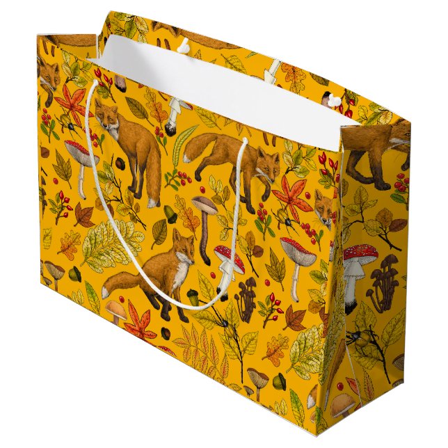Herbstfüchse auf Orange Große Geschenktüte (Rückseite Schrägansicht)