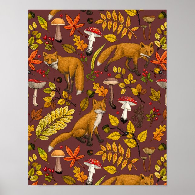 Herbstfüchse auf Schokoladenbraun Poster (Vorne)