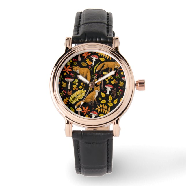 Herbstfüchse auf schwarz armbanduhr (Vorderseite)