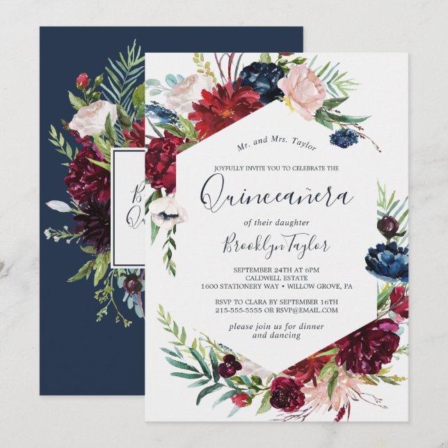Herbstgarten | Burgund Quinceañera Einladung (Vorne/Hinten)