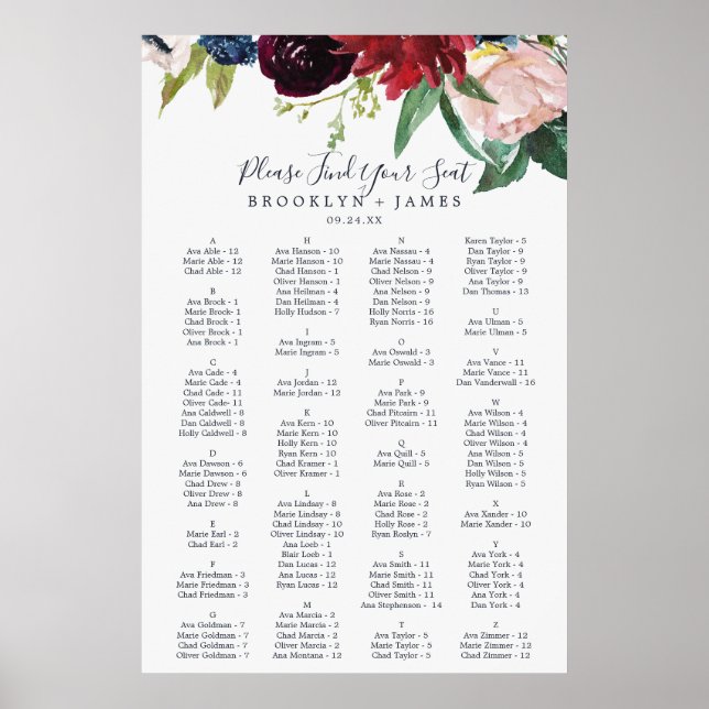 Herbstgarten Burgundy Alphabetische Sitztabelle Poster (Vorne)