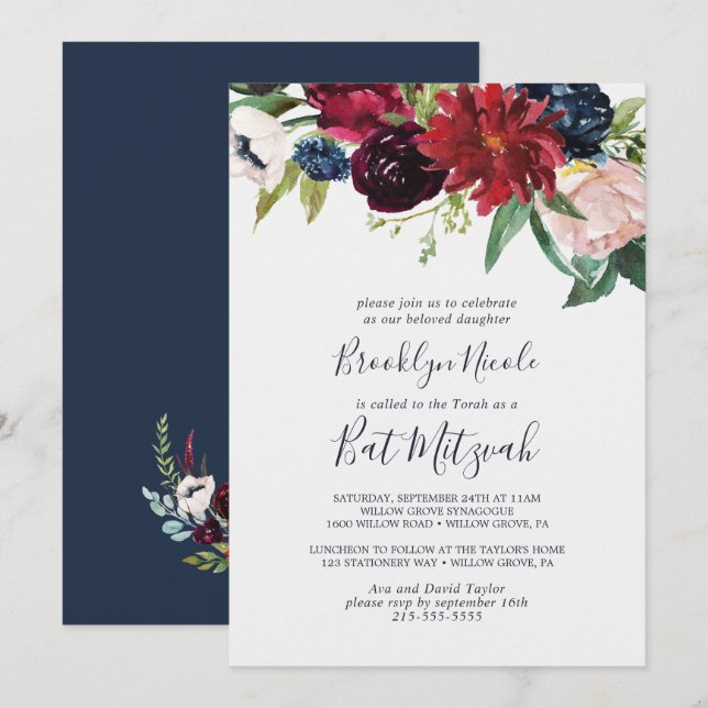 Herbstgarten | Burgundy Bat Mitzvah Einladung (Vorne/Hinten)