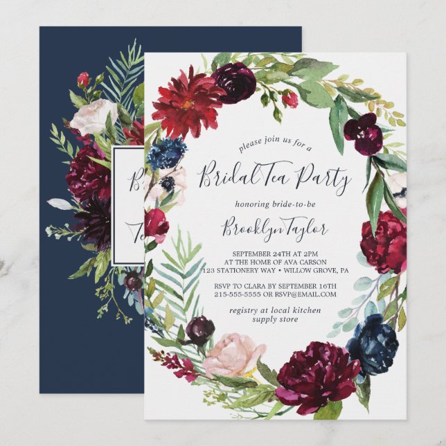 Herbstgarten | Burgundy Wreath Bridal Tee Party Einladung (Vorne/Hinten)