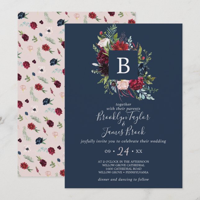 Herbstgarten | Navy Blue Monogram Wedding Einladung (Vorne/Hinten)